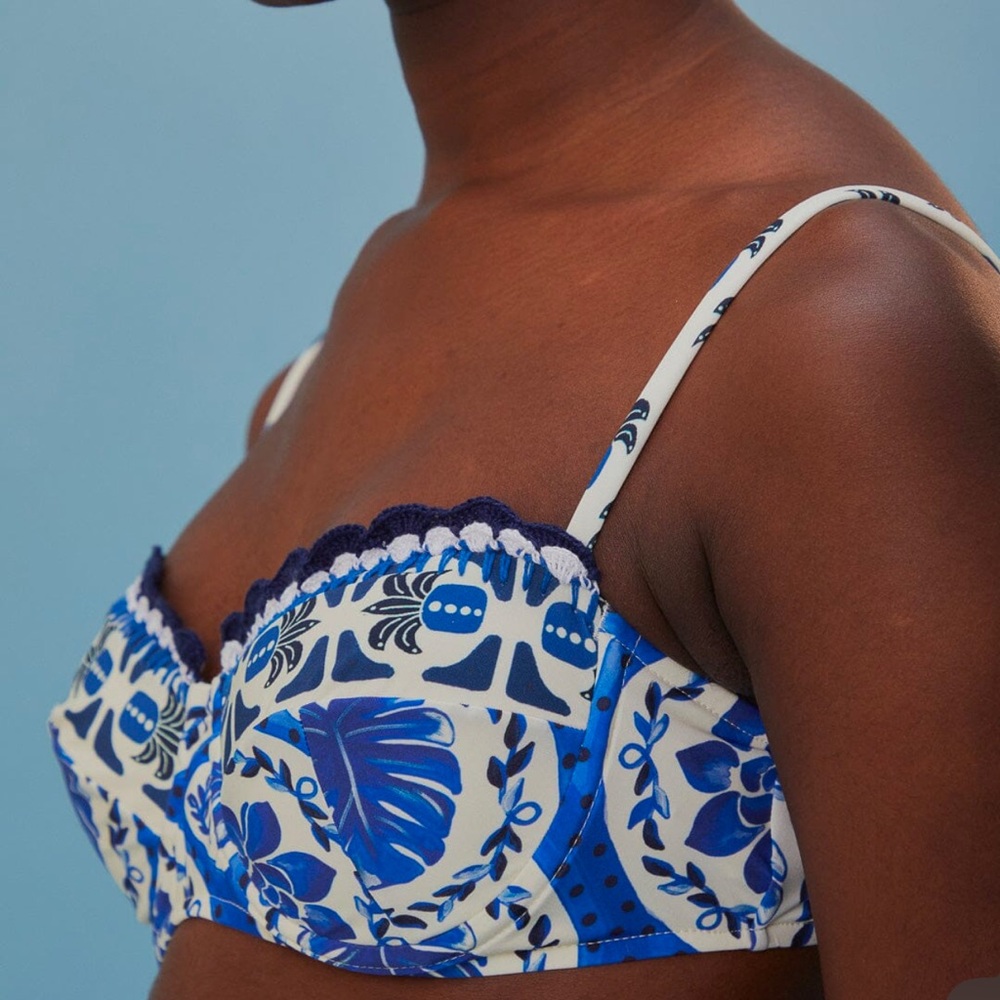 FARM Rio Blue and White Floral Tile Print High-Waist Bikini - Picture 4 of 8
